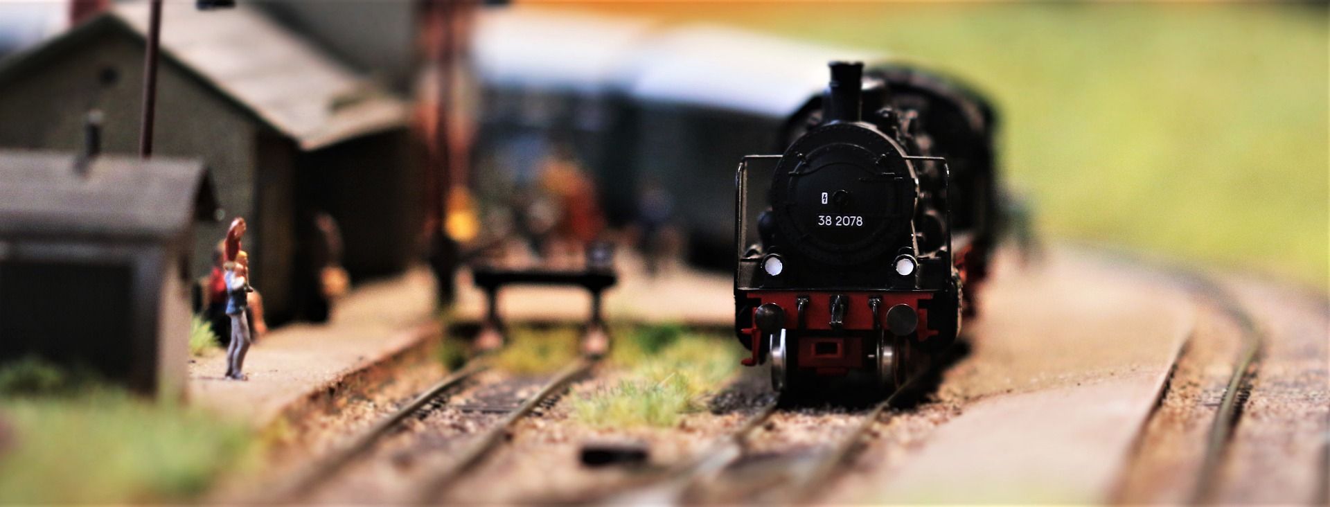 A locomotive on an N scale model train layout