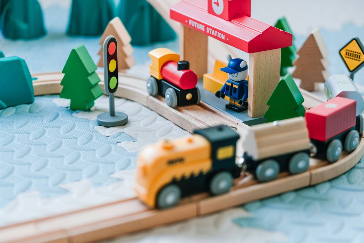 A Brio wooden toy train set